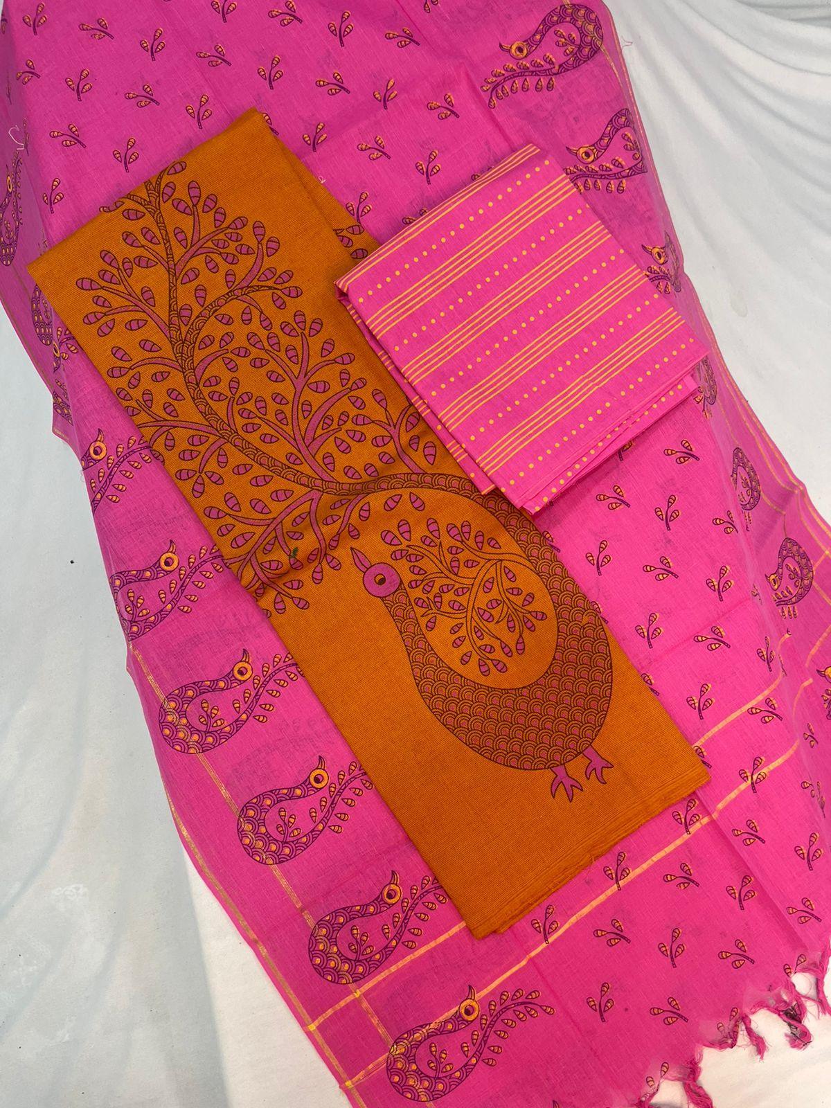 Cotton Dress Material with Pink Chunni with Orange Color