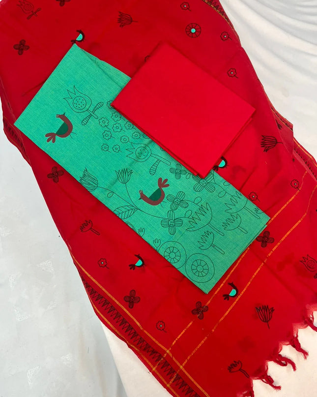 Cotton Dress Material with Red Chunni with Dark Mint Green Color