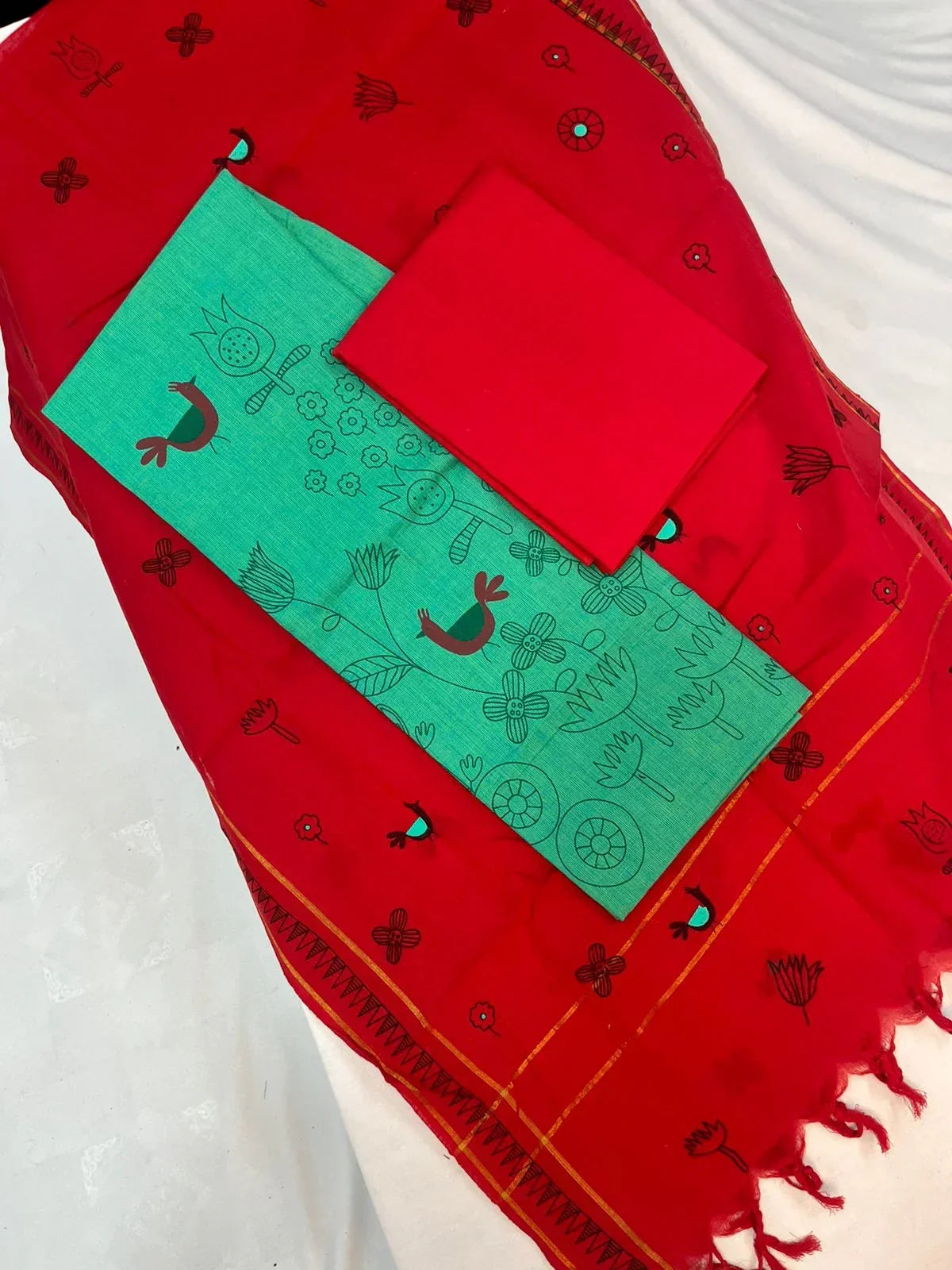 Cotton Dress Material with Red Chunni with Dark Mint Green Color