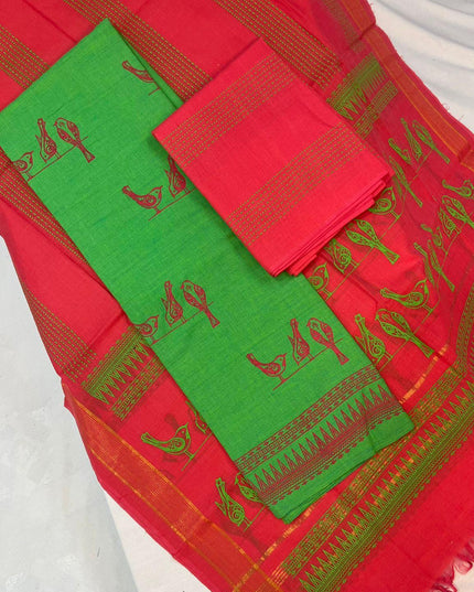 Cotton Dress Material with Red Chunni with  Parrot Green Color