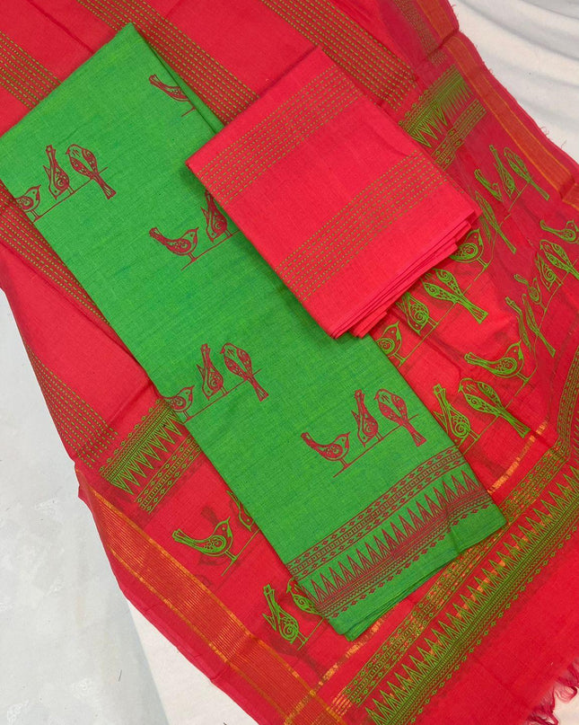 Cotton Dress Material with Red Chunni with  Parrot Green Color