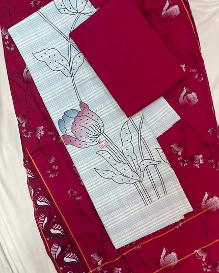 Cotton Dress Material with Wine Red Chunni with Grey Color