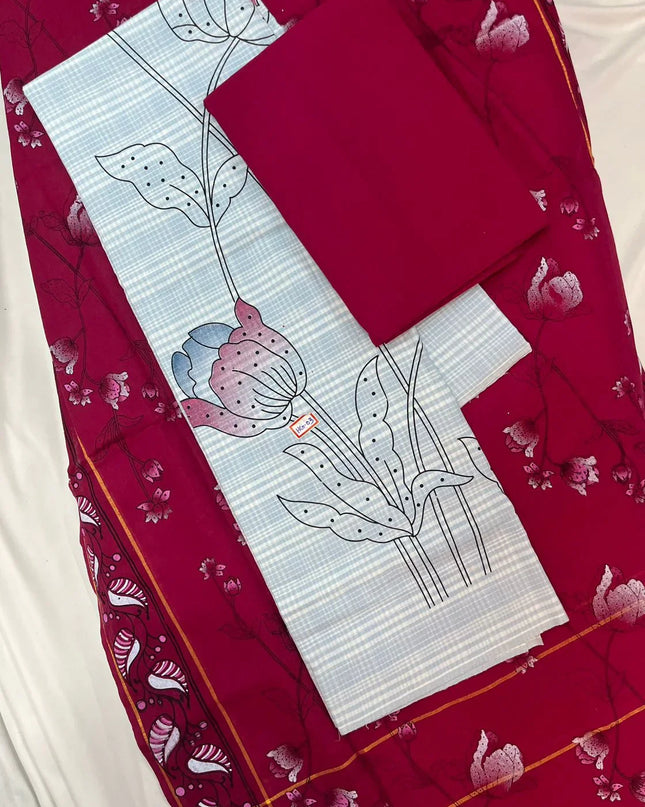 Cotton Dress Material with Wine Red Chunni with Grey Color
