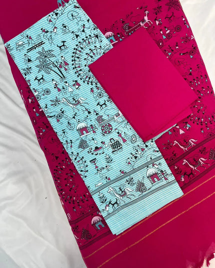 Cotton Dress Material with Pink Chunni with Sky Blue Color