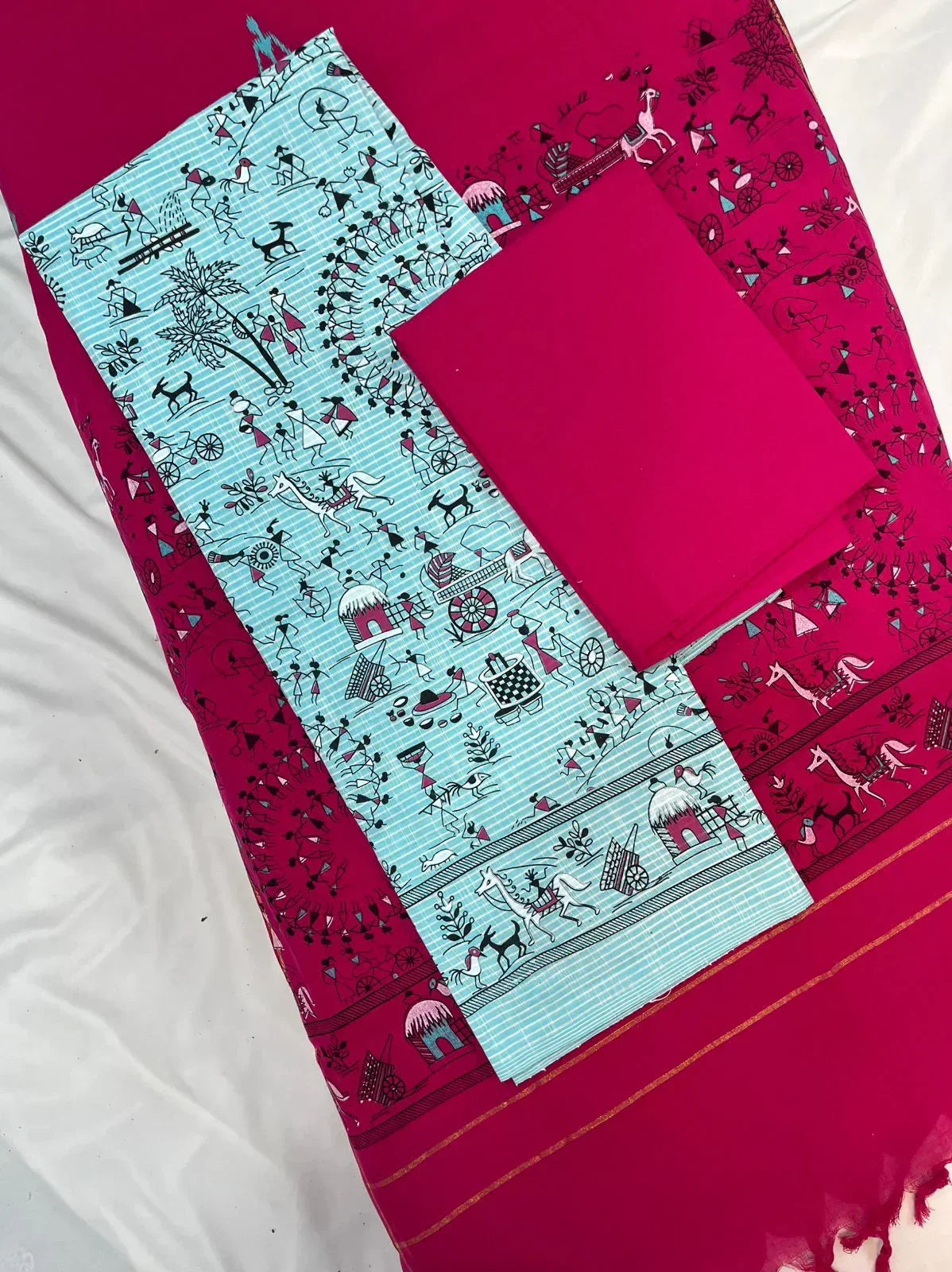 Cotton Dress Material with Pink Chunni with Sky Blue Color