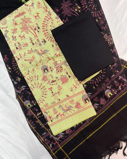 Cotton Dress Material with Black Chunni with Beasen Color