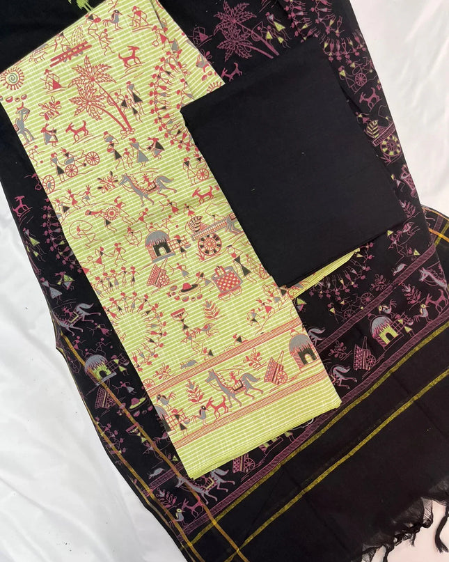 Cotton Dress Material with Black Chunni with Beasen Color
