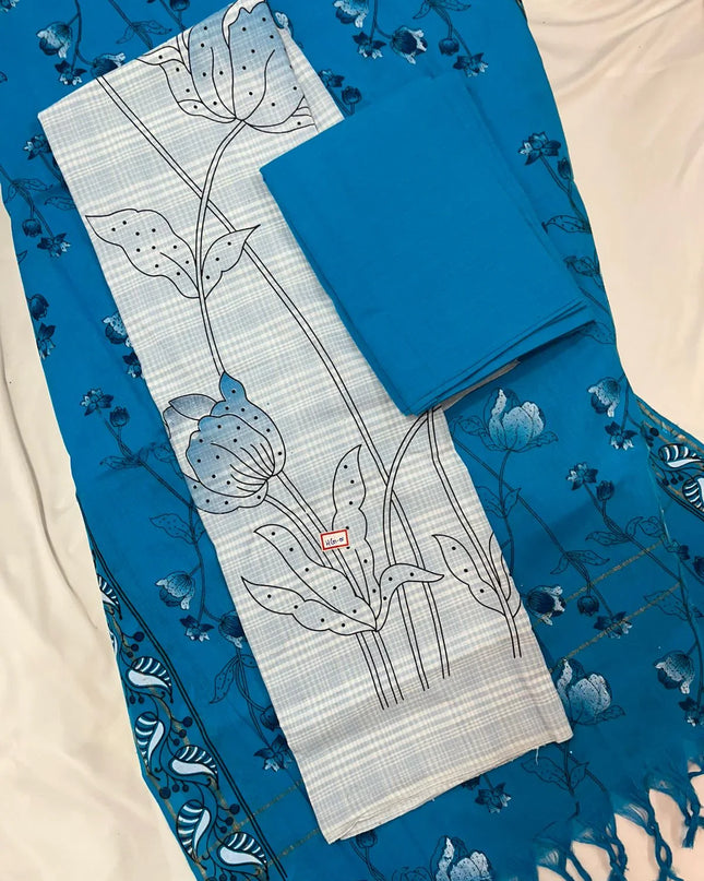 Cotton Dress Material with Blue Chunni with Grey Color
