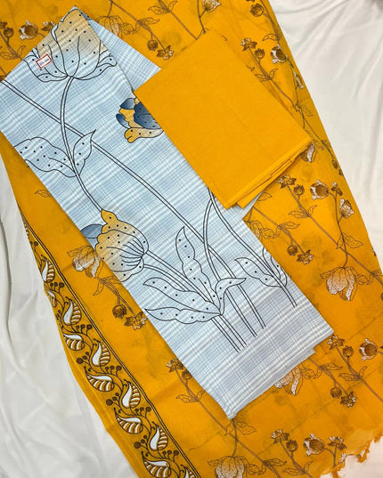 Cotton Dress Material with Yellow Chunni with Grey Colour