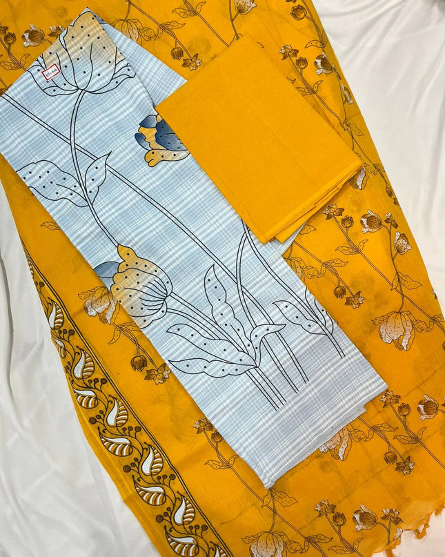 Cotton Dress Material with Yellow Chunni with Grey Colour