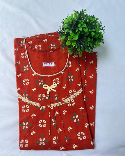 Milano Red colour Floral design printed Round neck cotton nighty for ladies nightwear women night gown