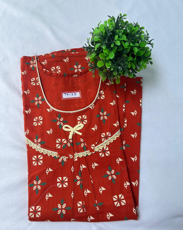 Milano Red colour Floral design printed Round neck cotton nighty for ladies nightwear women night gown