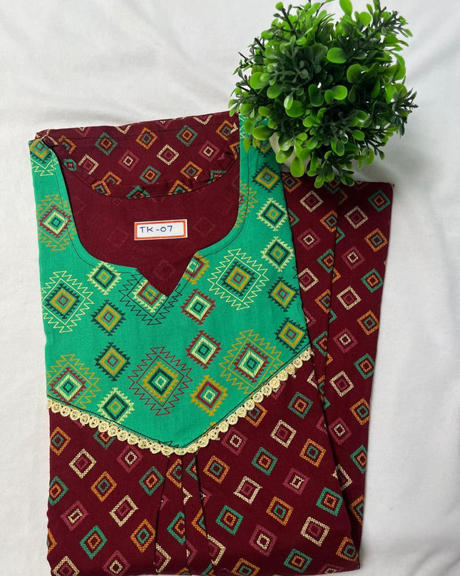 Maroon & Persian Green colour Floral design printed Round neck cotton nighty for ladies nightwear women night gown