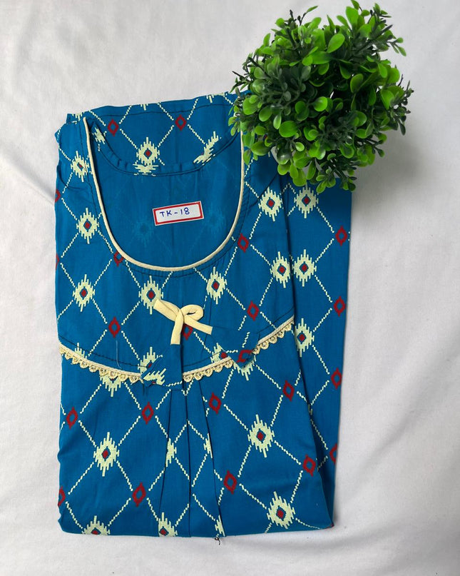 Sky Blue colour printed Round neck cotton nighty for ladies nightwear women night gown