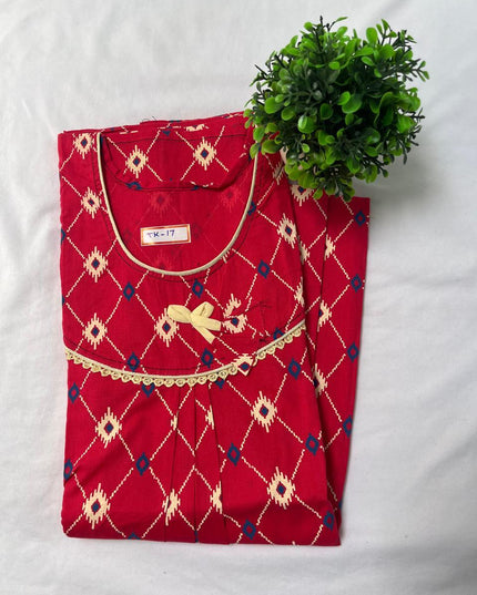 Red colour  printed Round neck cotton nighty for ladies nightwear women night gown