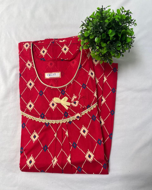 Red colour  printed Round neck cotton nighty for ladies nightwear women night gown