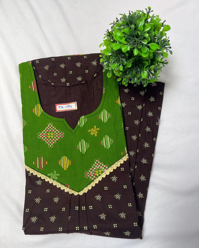 Chocolate & Green colour printed Round neck cotton nighty for ladies nightwear women night gown