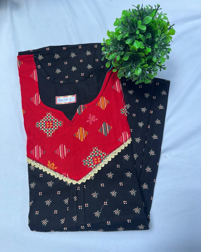 Black & Red colour Floral design printed Round neck cotton nighty for ladies nightwear women night gown