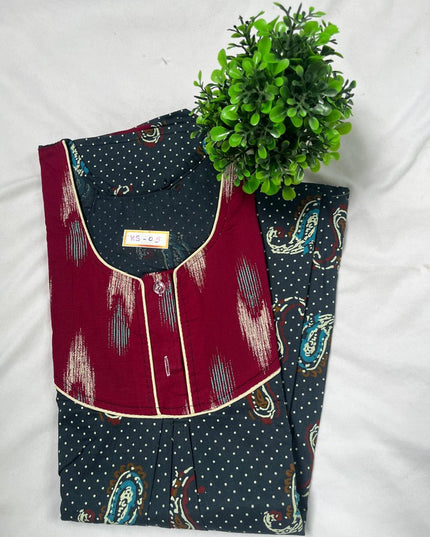 Grey & Maroon colour printed Round neck cotton nighty for ladies nightwear women night gown