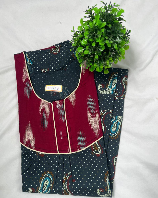 Grey & Maroon colour printed Round neck cotton nighty for ladies nightwear women night gown