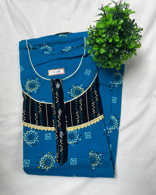 Sky Blue & Black colour printed Round neck cotton nighty for ladies nightwear women night gown