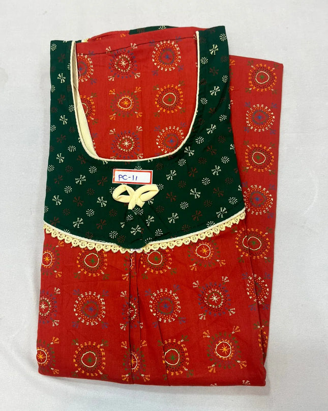 Palm Green & Rust Red colour Floral design printed Round neck cotton nighty for ladies nightwear women night gown