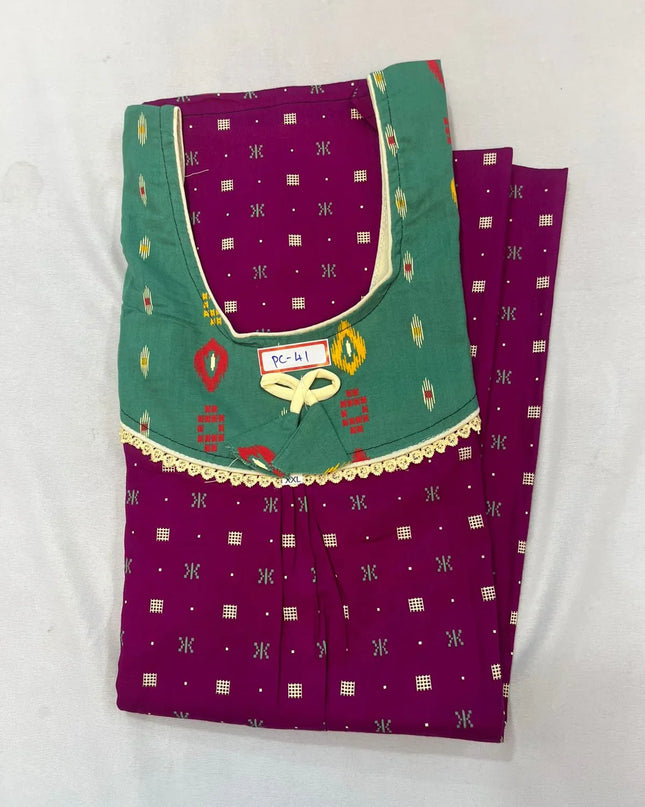 Purple & Greenish Cyan colour Geometrical design printed Round neck cotton nighty for ladies nightwear women night gown