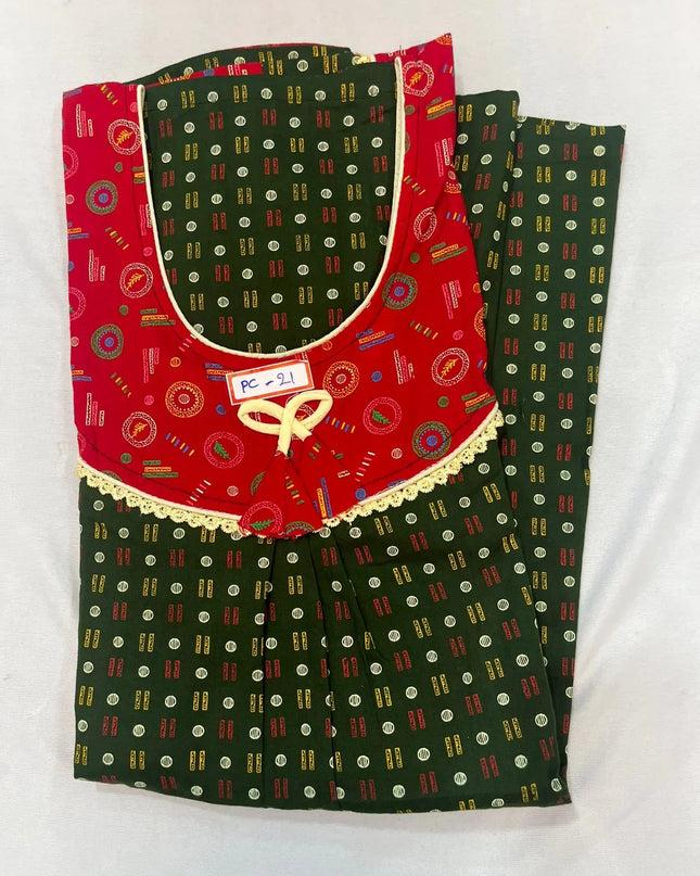 Olive Green & Crimson Red colour Geometrical design printed Round neck cotton nighty for ladies nightwear women night gown