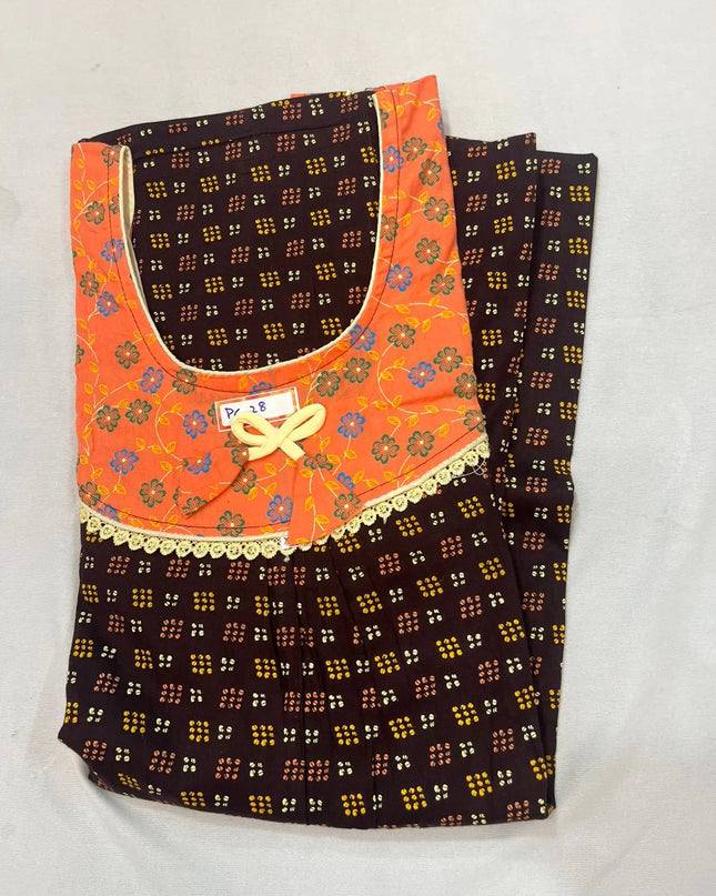 Orange & Coffee bean colour Floral design printed Round neck cotton nighty for ladies nightwear women night gown