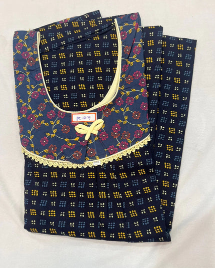 Gray & Navy Blue colour Floral design printed Round neck cotton nighty for ladies nightwear women night gown
