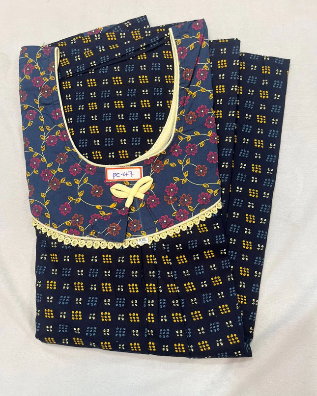 Gray & Navy Blue colour Floral design printed Round neck cotton nighty for ladies nightwear women night gown