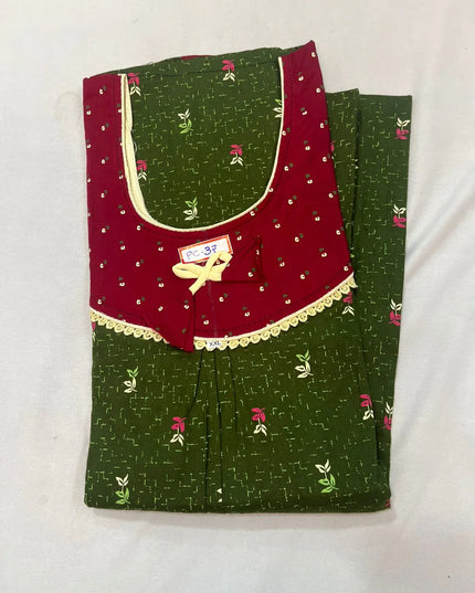 Dark Green & Wine Red colour Floral design printed Round neck cotton nighty for ladies nightwear women night gown