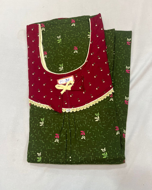Dark Green & Wine Red colour Floral design printed Round neck cotton nighty for ladies nightwear women night gown