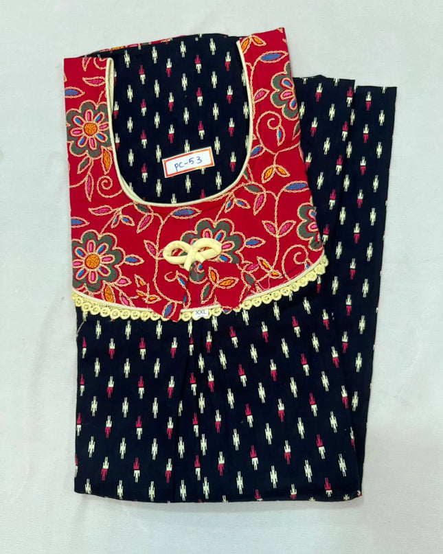 Red Wine & Blue Charcoal colour Floral design printed Round neck cotton nighty for ladies nightwear women night gown