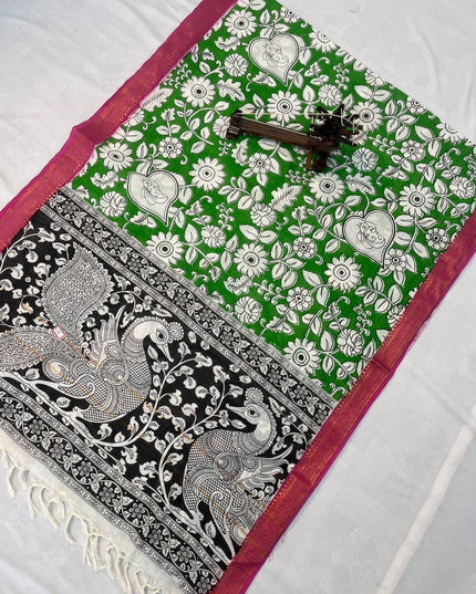 Mangalagiri Kalmkari Dupatts Cotton Fabric Green Colour