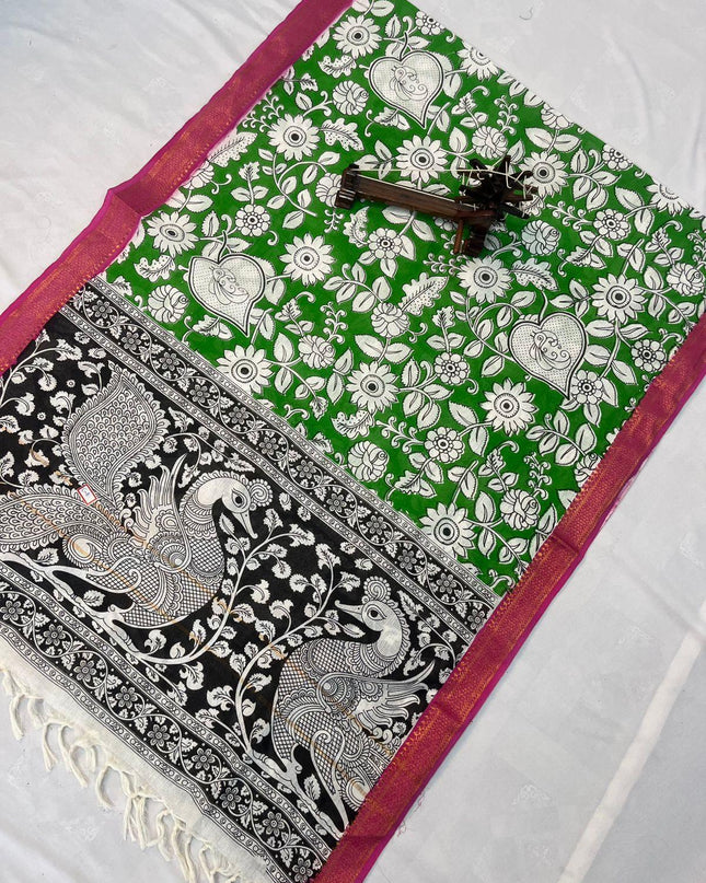 Mangalagiri Kalmkari Dupatts Cotton Fabric Green Colour