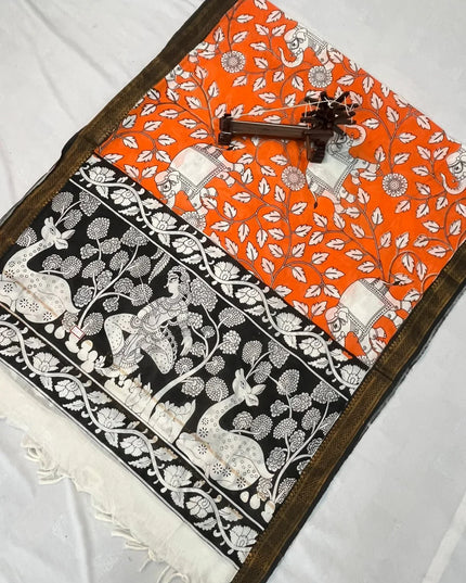 Mangalagiri Kalmkari Dupatts Cotton Fabric Orange Colour