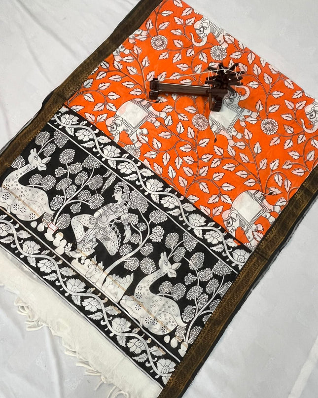 Mangalagiri Kalmkari Dupatts Cotton Fabric Orange Colour