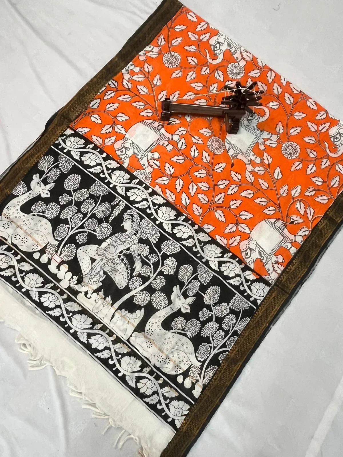 Mangalagiri Kalmkari Dupatts Cotton Fabric Orange Colour