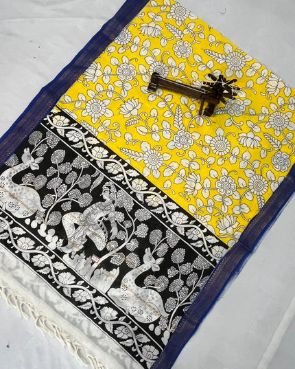 Mangalagiri Kalmkari Dupatts Cotton Fabric Yellow Colour
