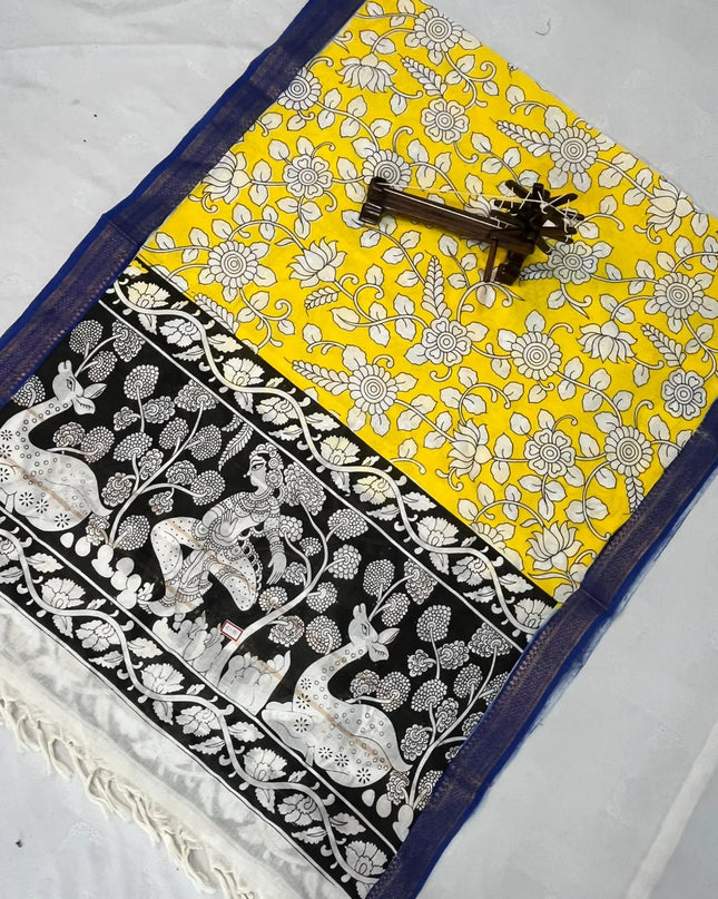 Mangalagiri Kalmkari Dupatts Cotton Fabric Yellow Colour