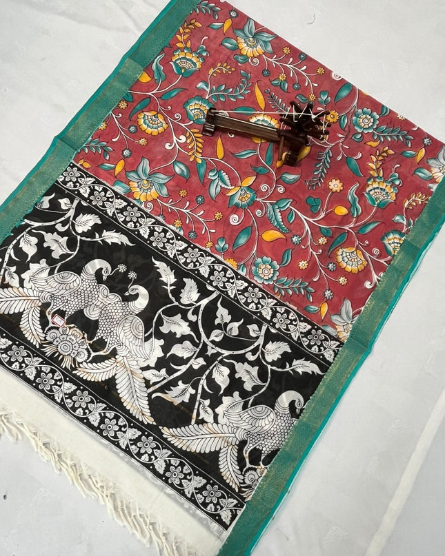 Mangalagiri Kalmkari Dupatts Cotton Fabric Dark Brick Colour