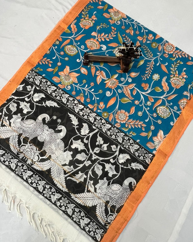 Mangalagiri Kalmkari Dupatts Cotton Fabric Sea Blue Colour