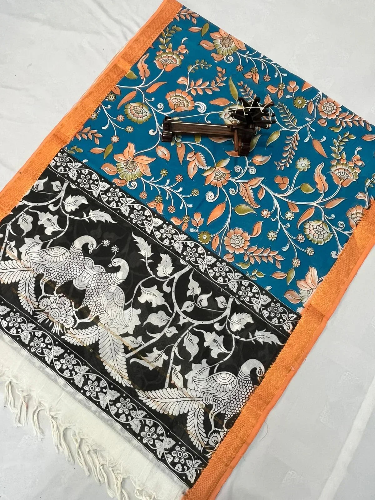Mangalagiri Kalmkari Dupatts Cotton Fabric Sea Blue Colour