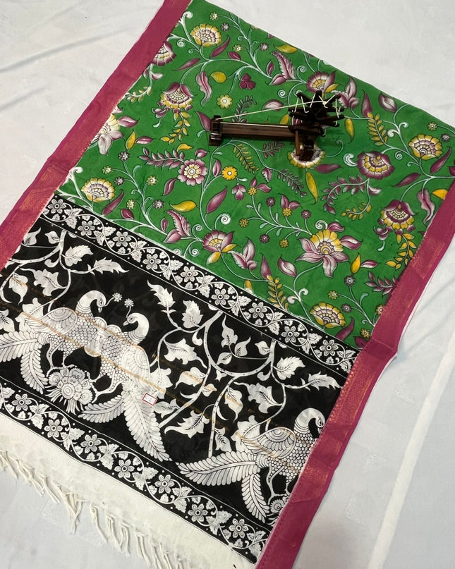 Mangalagiri Kalmkari Dupatts Cotton Fabric Green Colour