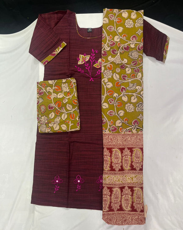 Kalamkari 3pc Set with Embroidery & Mirror Work Maroon & Black