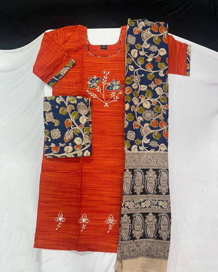 Kalamkari 3pc Set with Embroidery & Mirror Work Orange