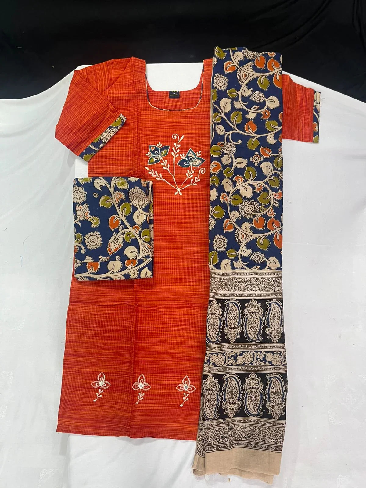 Kalamkari 3pc Set with Embroidery & Mirror Work Orange