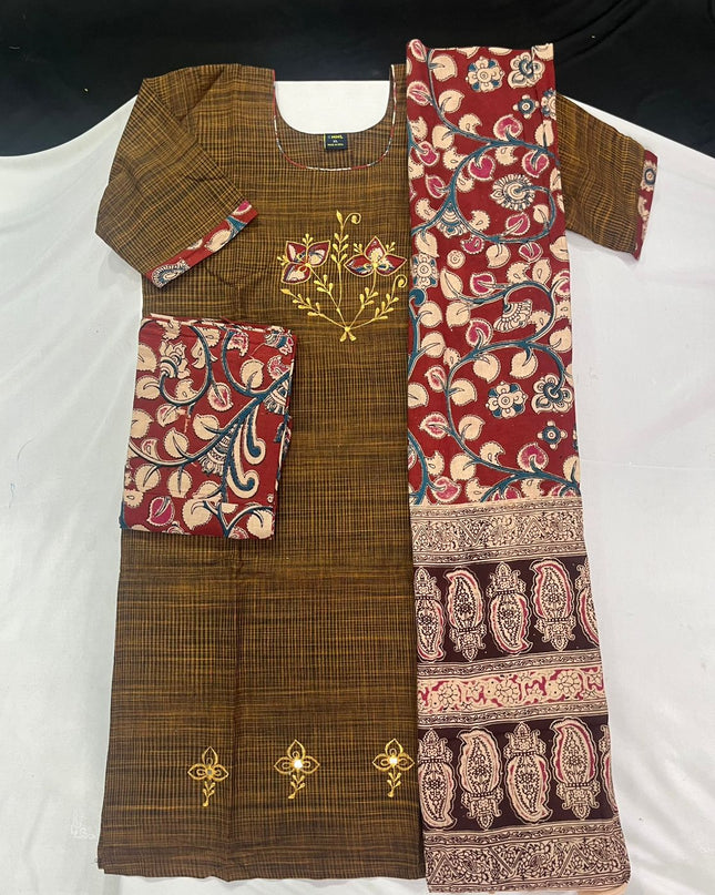 Kalamkari 3pc Set with Embroidery & Mirror Work Dark Brown