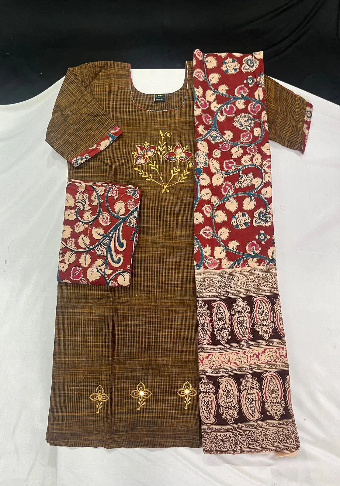 Kalamkari 3pc Set with Embroidery & Mirror Work Dark Brown